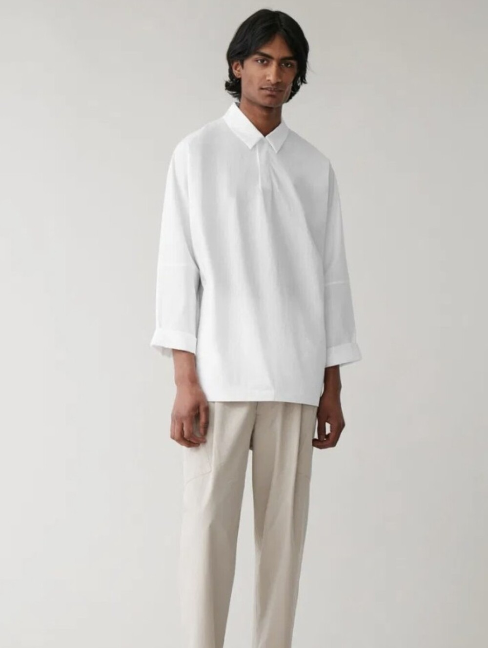 COS Cream White Oversized Polo-Style Long Sleeve Top Small
